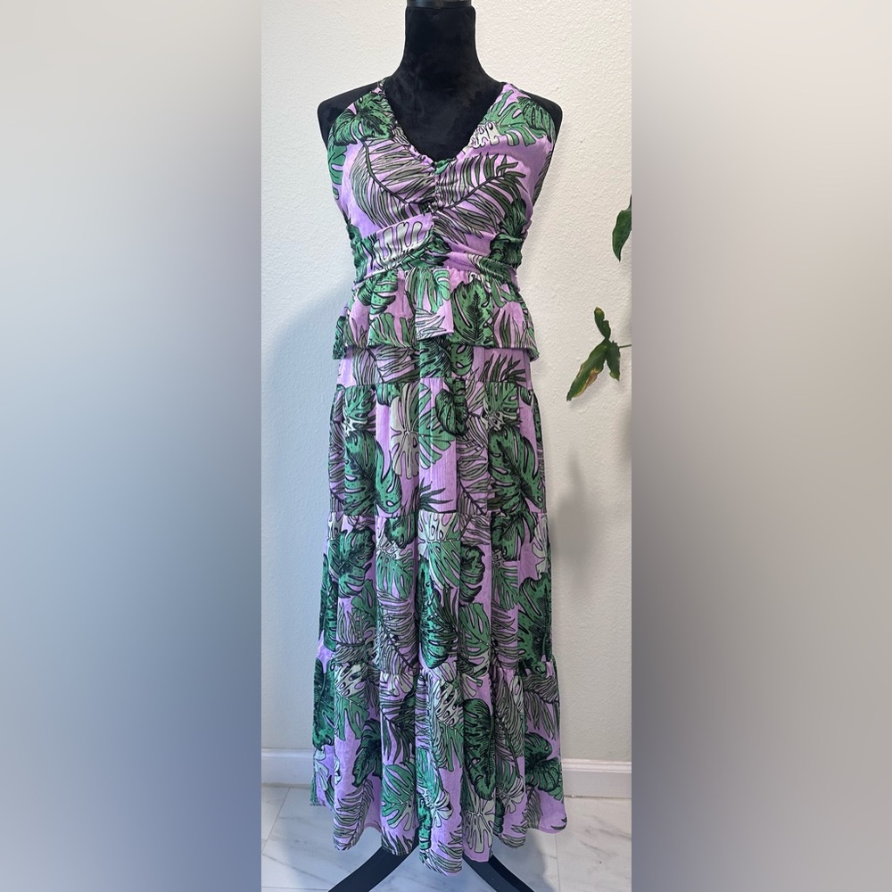 NSR Leaf Print Midi Skirt in Lavender and Emerald